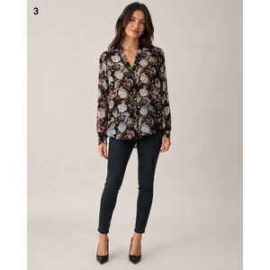 Vintage Y2K O'STIN Floral Sheer Button Front Top Womens XS Black Grunge Romantic